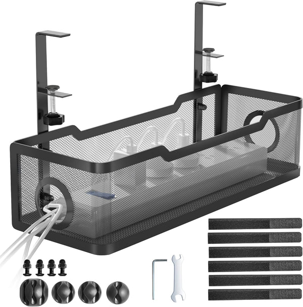 Under Desk Cable Management Tray Black, Cinati Cable Tray with Clamp for Desk Wire Management, No Damage