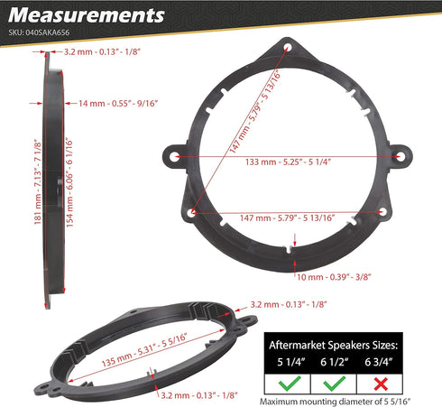 Scosche 2005-Up Kia Spectra 5.25” or 6.5” Speaker Adapter for Front Doors (1 Pair) SAKA656, Black
