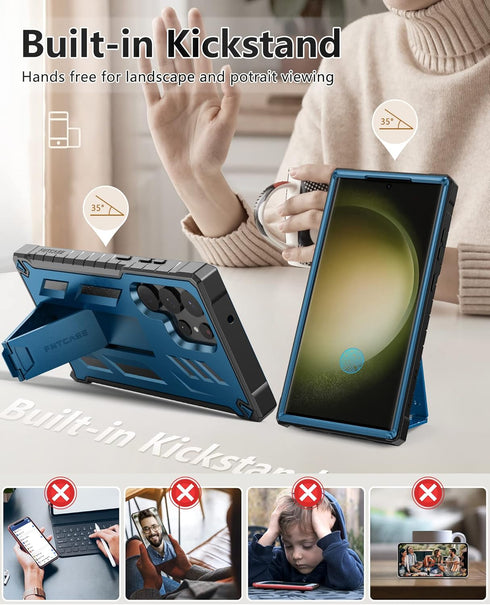 FNTCASE Samsung Galaxy S23 Ultra Case: Rugged Shockproof TPU, Military Grade Drop Protection, Kickstand, Blue.