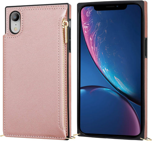 Bocasal Crossbody Wallet Case for iPhone Xr - Zipper Card Slot Protector with Removable Strap (Rose Gold)