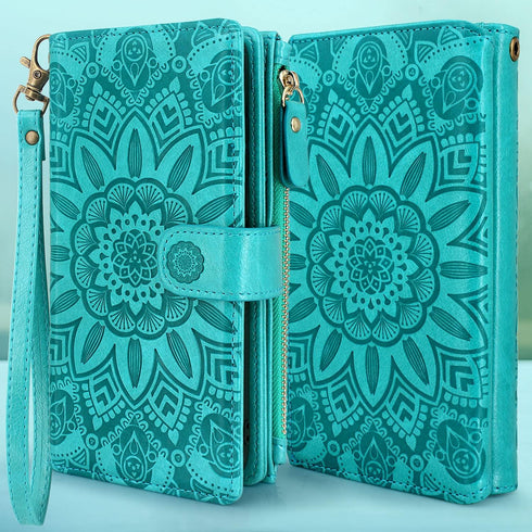 Harryshell Detachable Magnetic Zipper Wallet Case for Samsung Galaxy A32 5G (2021), Flower Design (Blue Green)
