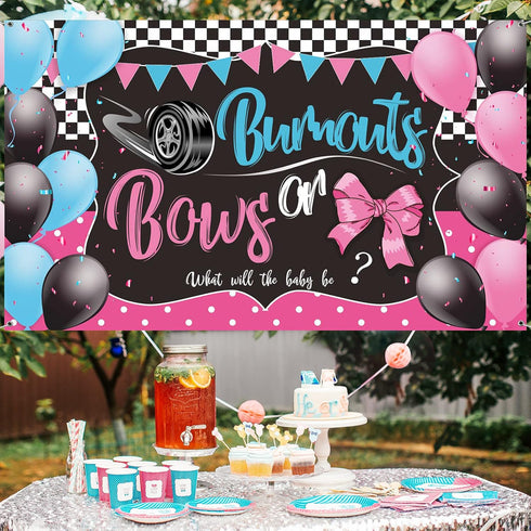 Burnouts or Bows Gender Reveal Decoration, Backdrop Party Supplies, Blue or Pink Baby Shower Banner, 72.8 x 43.3 Inch