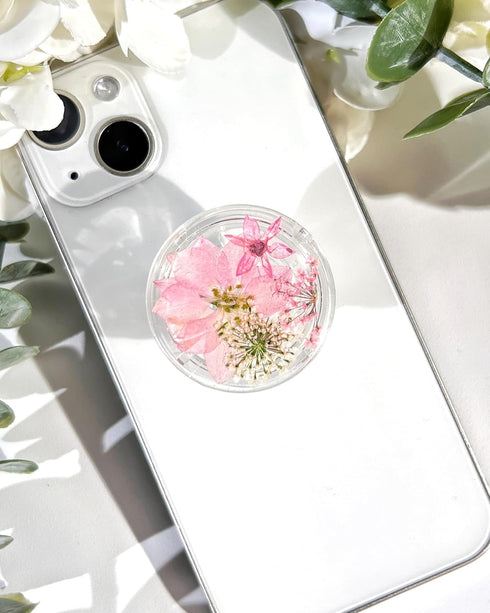 Pressed Pink Flowers Phone Grip, Handmade Dried Flowers Clear Stand, Expanding Cell Phone Charms Accessory