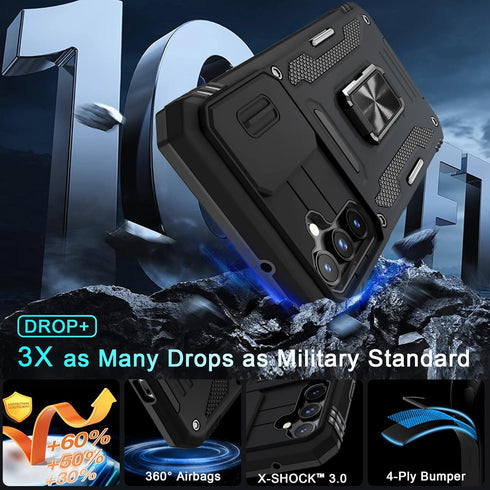 DEERLAMN Galaxy S23 FE Case - Black, Military Grade Shockproof, Slide Camera Cover, Screen Protector & Rotated Ring