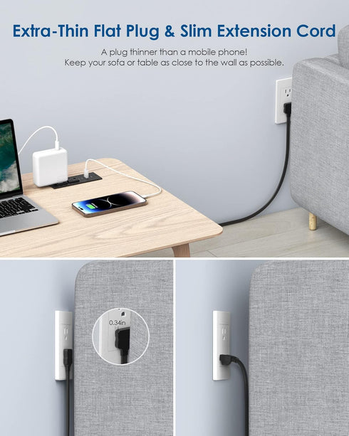 Recessed Power Strip with 30W USB C, Ultra Thin Flat Plug, 2 Outlets, 4 USB Ports, 6ft Cord (Black)