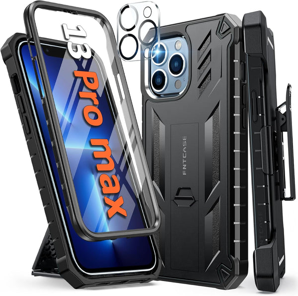 FNTCASE iPhone 13 Pro Max Case: Rugged, Military Grade Shockproof, Drop Proof, with Kickstand & Belt-Clip Holster,