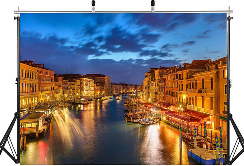 LidyMini 10x8ft Fabric Venice Grand Canal Night Backdrop Historic Palaces Gondolas Light Trails Photography Background