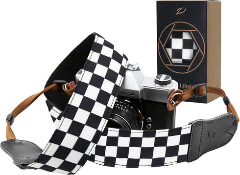 Padwa Lifestyle Black and White Plaid Camera Strap, 2" Wide Double Layer Cowhide, Adjustable Neck Strap for All Cameras