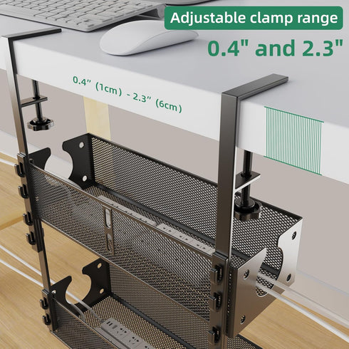 Multi-Model Under Desk Cable Management Tray 2 Packs, Metal Wire Management Clamp for No Damage to Desk (Black)