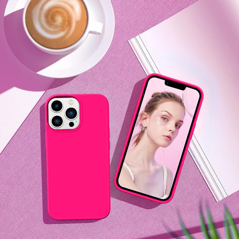 GUAGUA Compatible iPhone 13 Pro Max Case, 6.7 Inch Liquid Silicone Soft Gel Cover, Shockproof, Hot Pink