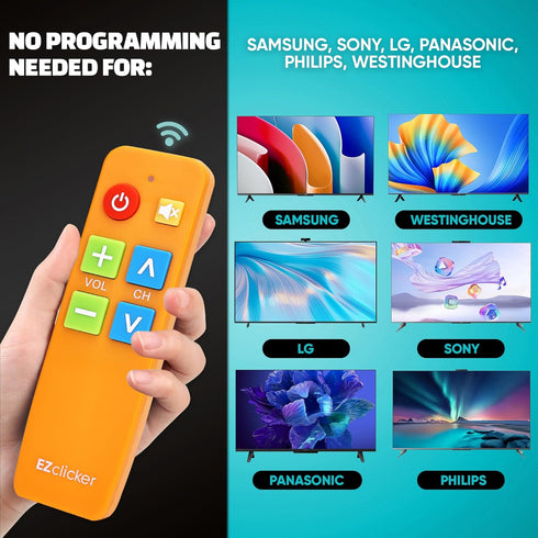 EZClicker (2xAAA TV Remote for Seniors, Extra Simple Big Button Remote (Orange) Works with Major TV Brands, NOT