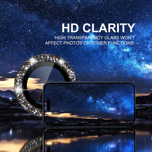 Choiche Bling Camera Lens Protector for iPhone 15 Pro/Pro Max, 9H Tempered Glass, Glitter-Black, Metal Ring Decor.