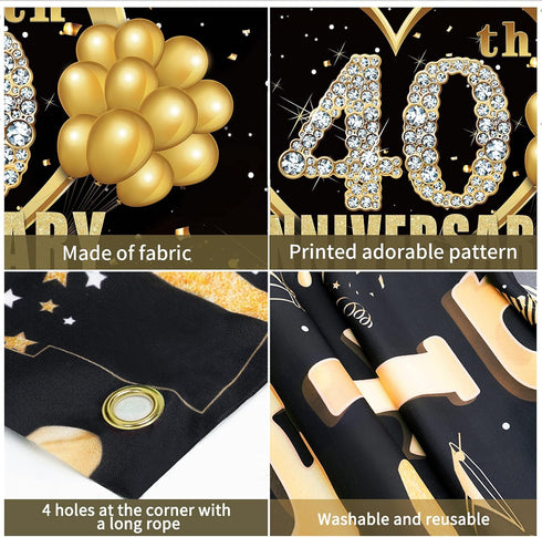 Happy 40th Anniversary Banner Backdrop Decorations, Large Black Gold Wedding Sign Decor for Party Supplies