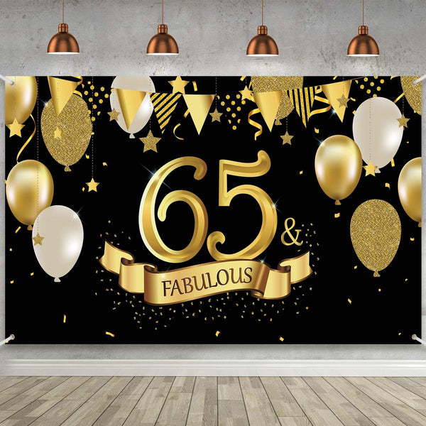 65th Birthday Black Gold Party Decoration, Large Fabric Sign Poster for 65th Anniversary Backdrop Banner, 72.8 x 43.3