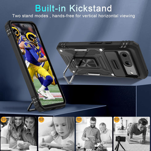 DEERLAMN Google Pixel 8 Case - Heavy Duty Black with Slide Camera Cover, Screen Protector & Rotated Ring Kickstand.