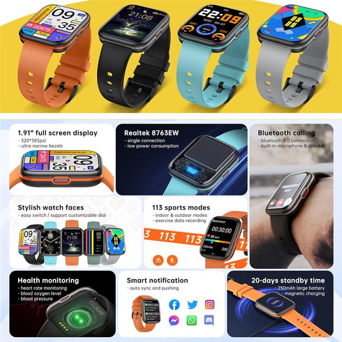 Smart Watch, Multi Sports Modes Fitness Watch, Waterproof Bluetooth Smartwatch for Android iOS