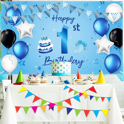 Happy 1st Birthday Backdrop Banner, Blue Newborn Boys First Birthday Photography Background for Baby Shower Party 72.8
