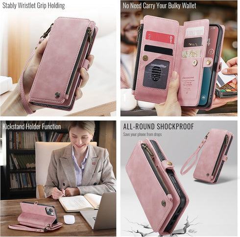 Defencase iPhone 13 Mini Case Wallet, RFID Blocking Card Holder, PU Leather Magnetic Snap Flip Zipper Strap Wallet Rose