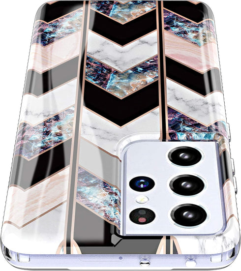 BAISRKE Galaxy S21 Ultra Case, Shiny Rose Gold Geometric Marble Hybrid Hard Plastic Back Soft Clear Glitter TPU Edge