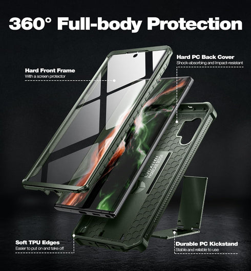 Dexnor Heavy Duty Case for Samsung Galaxy Note 10+ Plus, Army Green, with Built-in Screen Protector & Kickstand.