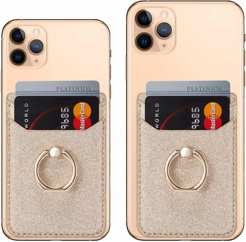 Card Holder Sleeve with Kickstand Ring for Women - 2 Pieces RFID Credit Wallet Glitter Stick On Back Grip (Pink + Gold)