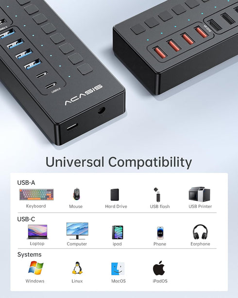 Powered USB 3.0 Hub, ACASIS 16 Port USB Hub with 60W Power Adapter, Wall Mount Support for PC and Laptop