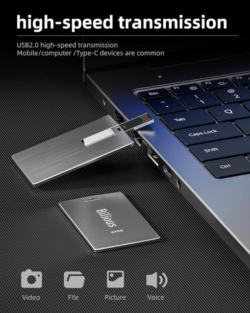 Bilious 2PCS 64GB 2.0 USB Flash Drive, Metal Credit Card Bank Card Style Thumb Drive Portable Key-Hole Design USB