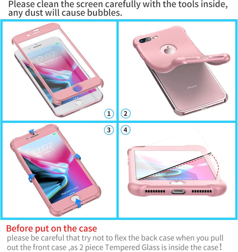 ORETECH iPhone 8 Plus/7 Plus Case, 360° Full Body Hard PC Silicone with 2 Pack 9H Tempered Glass Protector, Rosegold