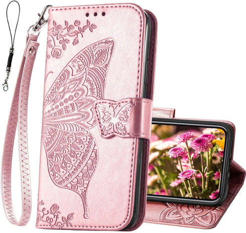 Wallet Case for iPhone 12 Pro/iPhone 12, Women Flip Folio Cover with Butterfly Embossed PU Leather, Rose Gold