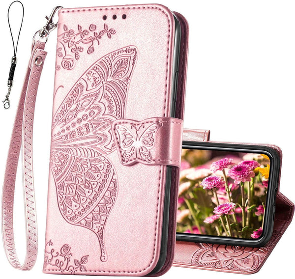 Wallet Case for iPhone 12 Pro/iPhone 12, Women Flip Folio Cover with Butterfly Embossed PU Leather, Rose Gold