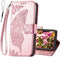 Wallet Case for iPhone 12 Pro/iPhone 12, Women Flip Folio Cover with Butterfly Embossed PU Leather, Rose Gold