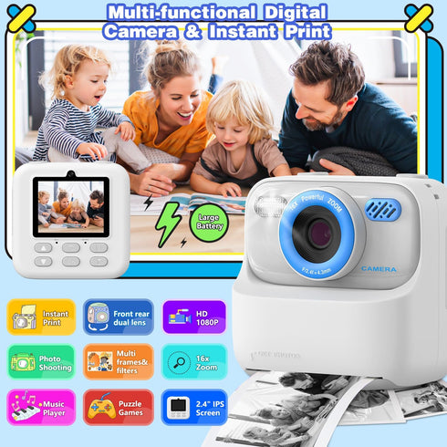 masterbee Instant Print Kid Camera, 1080P HD Video, Birthday Gifts for Boys and Girls, Digital Camera Toys, White