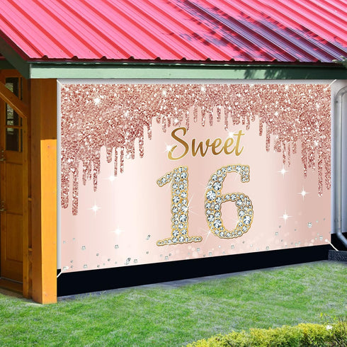 Sweet 16th Birthday Banner Backdrop Decorations for Girls, Rose Gold 16 Birthday Party Sign Supplies, Pink Poster Decor