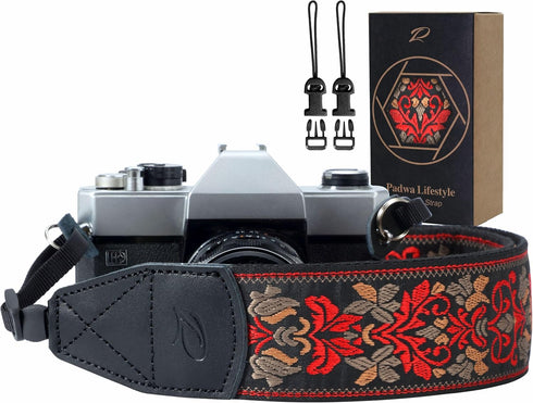 Padwa Lifestyle Camera Strap - 2" Wide Red Vintage Jacquard Embroidery Flower Strap with Genuine Leather Head,