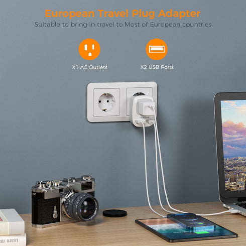 TESSAN European Travel Plug Adapter, International Power Plug with 2 USB Ports, Type C Charger for US to Europe