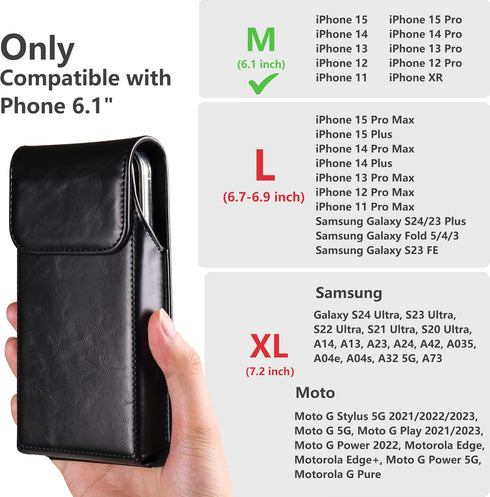 Holster for iPhone iPhone 15, 15 Pro, 14, 14 Pro, 13, 13 Pro, 12, 12 Pro, 11, 11 Pro, XR, Galaxy S24, S23, S22, Premium Leather Pouch with Belt Clip Phone Holster Belt Case, Black -M