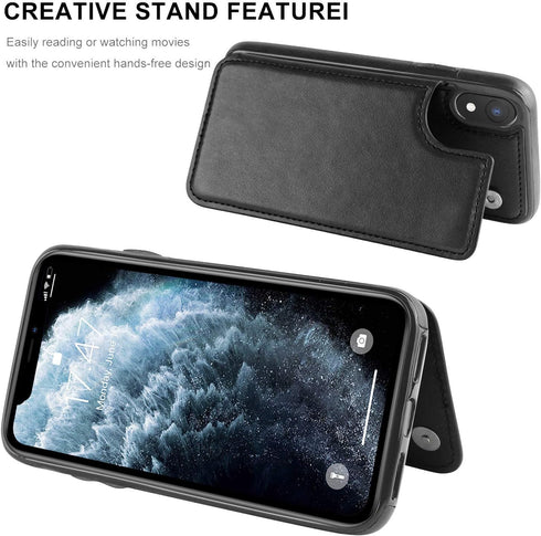 LETO iPhone XR Case, Black Leather Wallet Flip Folio Cover with Kickstand Card Slots for Girls Women