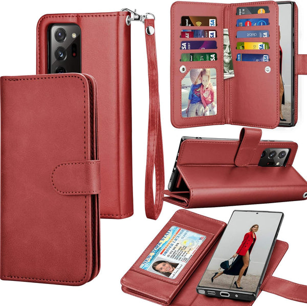 Galaxy Note 20 Ultra Case, Luxury Wallet Case with Cash & Credit Card Slots, Detachable Magnetic Hard Cover (Wine Red)