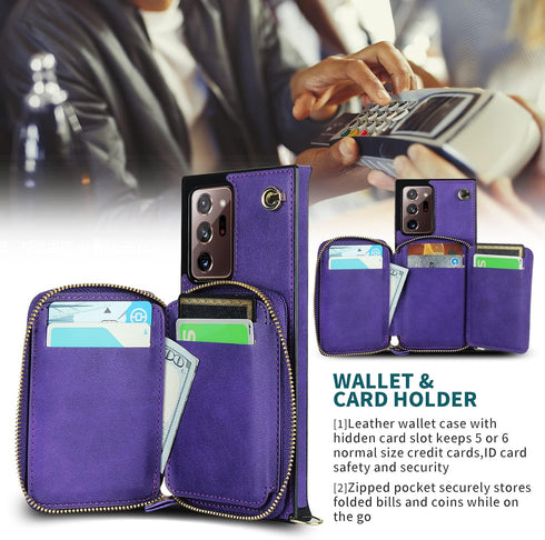 Asuwish Samsung Galaxy Note 20 Ultra 5G Wallet Case, Leather Cover with Zipper Slot, Screen Protector, Purple.