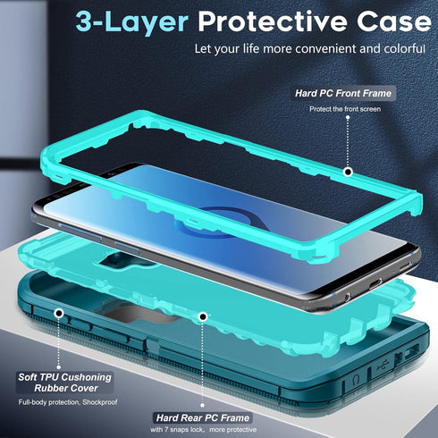 LeYi Compatible for Galaxy S9 Case, 3 in 1 Full Body Shockproof Rubber Dustproof Rugged Defender Protection Case (Teal