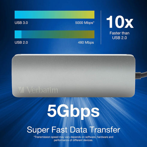 Verbatim 6-in-1 USB C Hub - Compact & Portable USB Hub for Laptop with 2 USB 3.0, USB C, SD Card Reader, 4K HDMI,