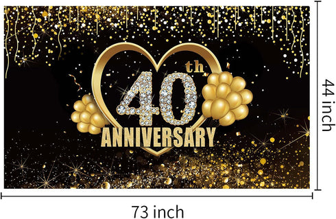 Happy 40th Anniversary Banner Backdrop Decorations, Large Black Gold Wedding Sign Decor for Party Supplies