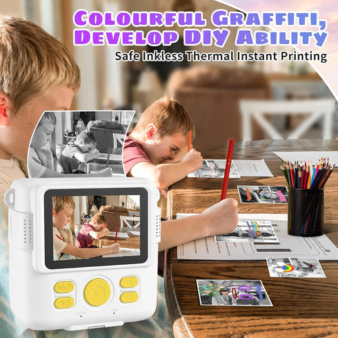Instant Print Camera, Kids 1080P HD Digital Camera with 32G SD Card, 3 Rolls Photo Paper & 6 Color Pencils, Age 6-12