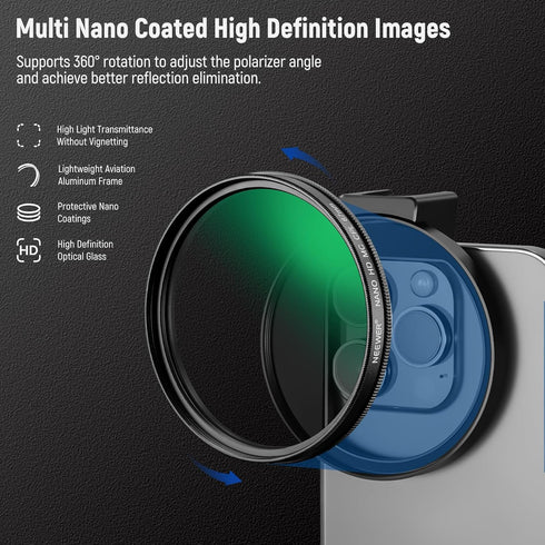 NEEWER 67mm CPL Filter for Phone, Camera Lens Polarizing Filter with Metal Cold Shoe Clip for iPhone and Samsung
