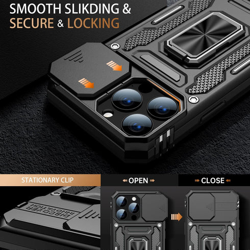 MERRO for iPhone 13 Pro Case with Screen Protector, Military-Grade Sliding Camera Cover, Magnetic Stand, 6.1" Black