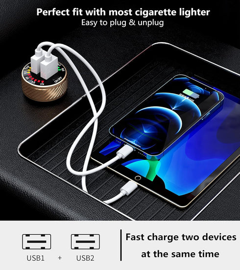 KEWIG 36W Fast Car Charger Adapter, Dual USB Car Charger with Colorful Voltmeter & ON/Off Switch