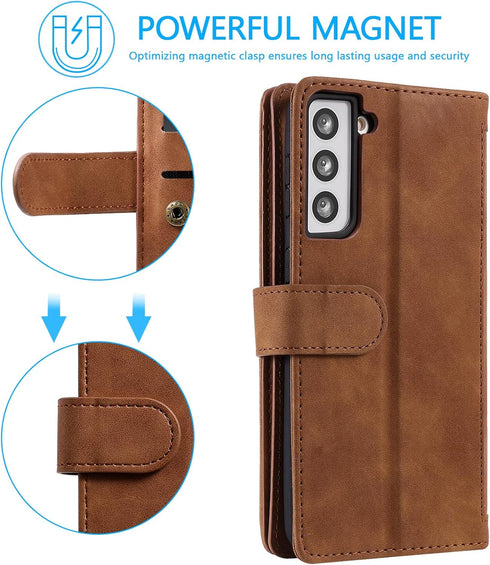 UEEBAI Wallet Case for Samsung Galaxy S21 5G, Retro 9 Card Holder Slots, Zipper Pocket PU Leather Handbag