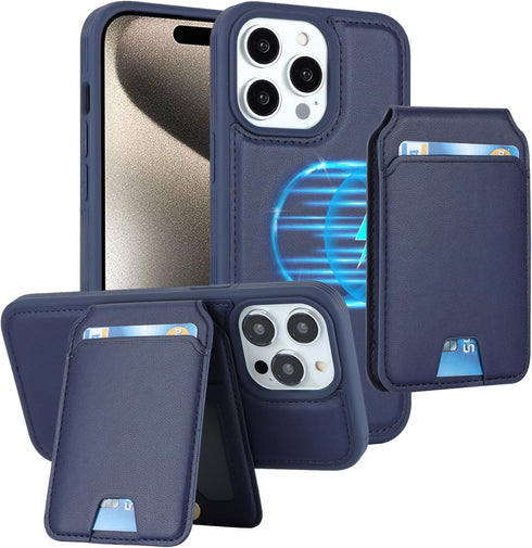 iPhone 15 Pro Max case with Credit Card Holder mag Safe, iPhone 15 Pro Max Phone Leather Case Wallet for Women Compatible magsafe Wallet Detachable 2-in-1 for Men-Blue