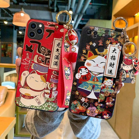 Compatible with iPhone 12 Pro Case | Cute Japanese Lucky Cat Design, Glitter Luxury Soft Silicone with Phone Lanyard