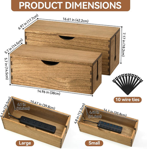 Kirigen Cord Management Box - Wooden Cable Organizer to Hide Power Strips and Electrical Plugs (Set of 2, Dark Brown)